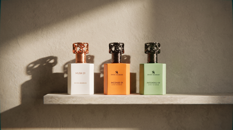 Swiss Arabian Musk 01, Incense 01 and Patchouli 01 on a plaster ledge in low sun