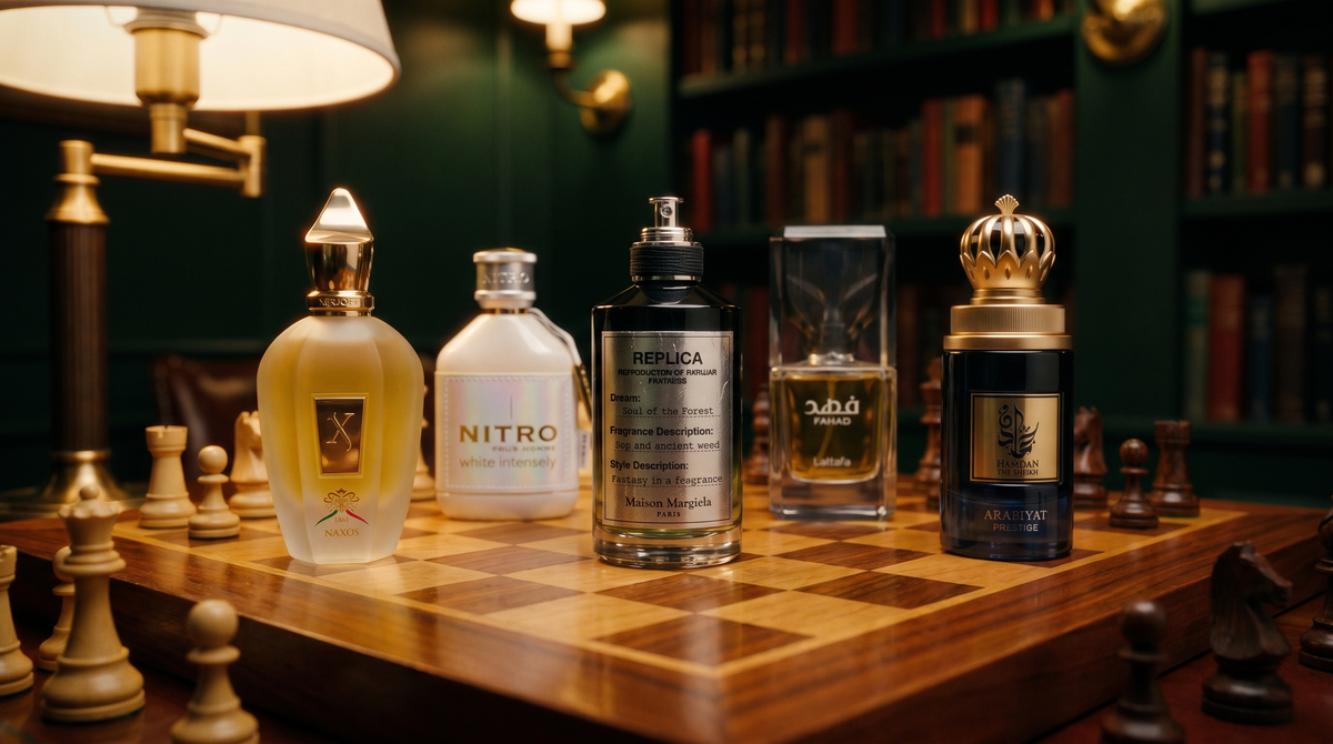 Xerjoff 1861 Naxos, Dumont Nitro White Intensely, Maison Margiela Replica Soul of the Forest, Lattafa Fahad and Arabiyat Prestige Hamdan The Sheikh bottles