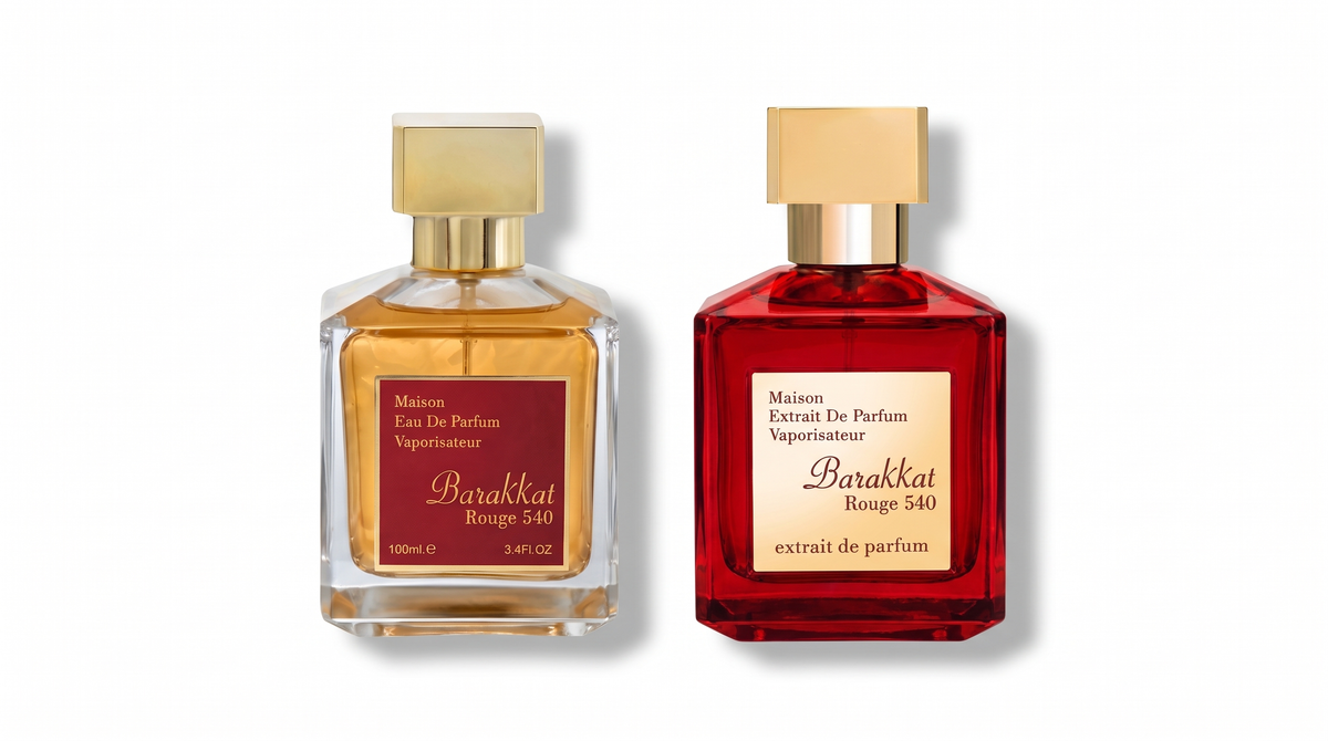 Fragrance World Barakkat Rouge 540 and Barakkat Rouge 540 Extrait perfume bottles