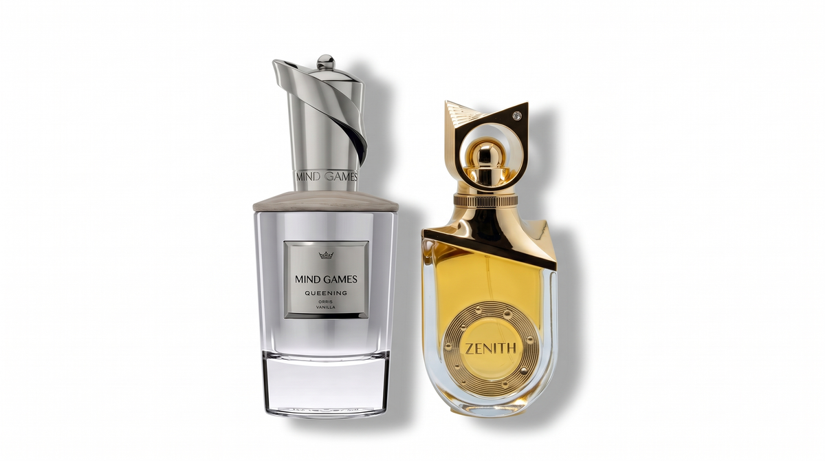 Mind Games Queening and Riiffs Zenith perfume bottles