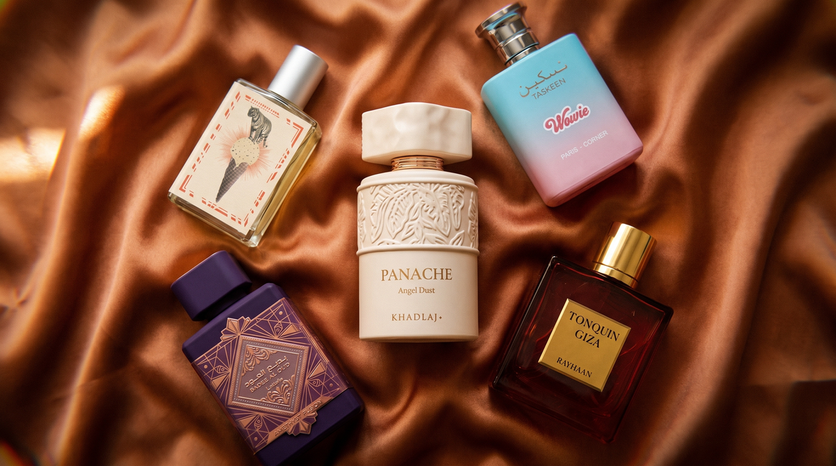 Khadlaj Panache Angel Dust, Imaginary Authors A Whiff of Waffle Cone, Lattafa Bade'e Al Oud Amethyst Fusion, Rayhaan Tonquin Giza and Paris Corner Taskeen Wowie bottles