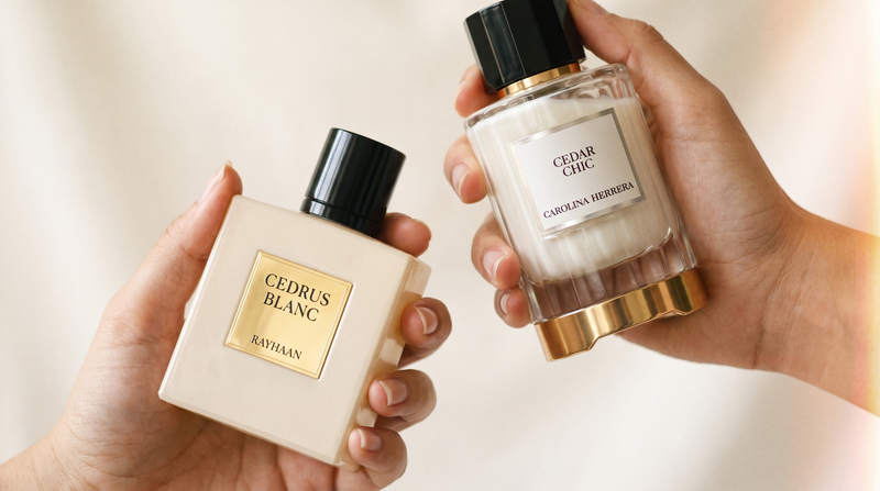 Rayhaan Cedrus Blanc and Carolina Herrera Cedar Chic bottles