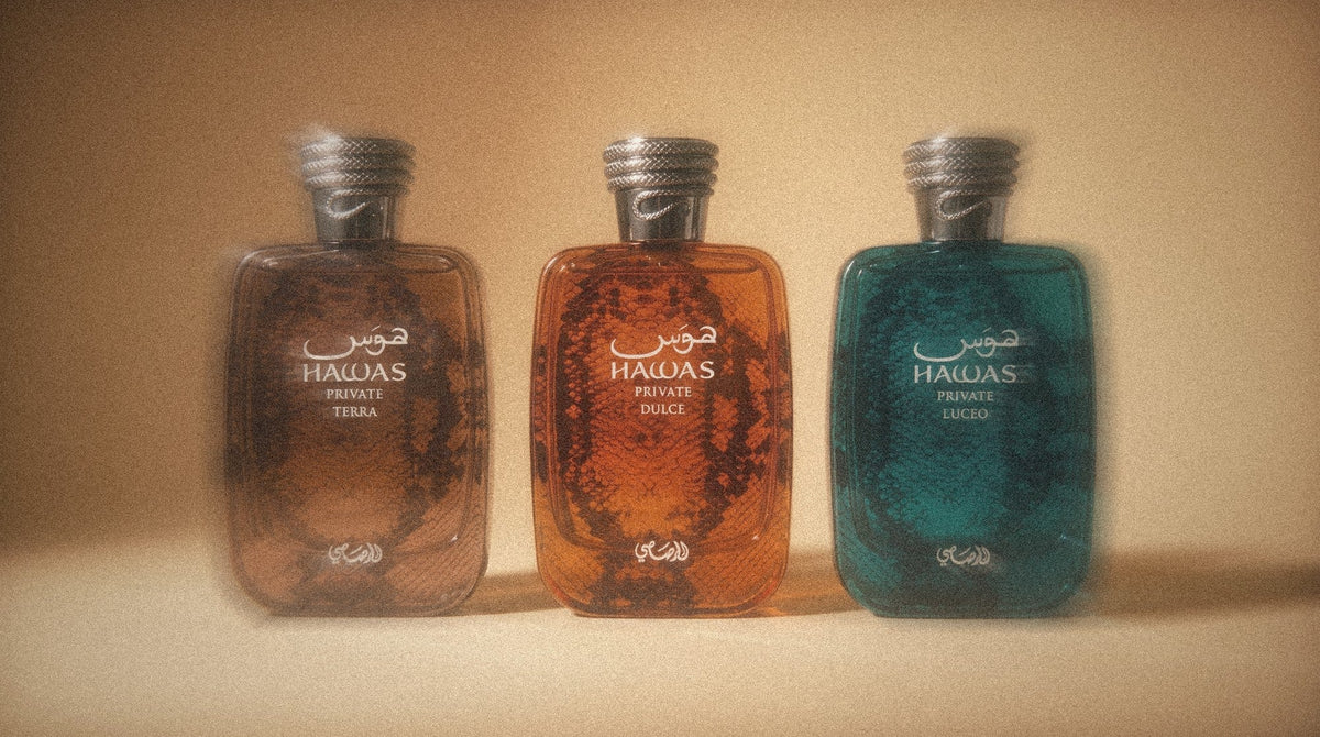 Rasasi Hawas Private Terra, Dulce and Luceo in a row on caramel