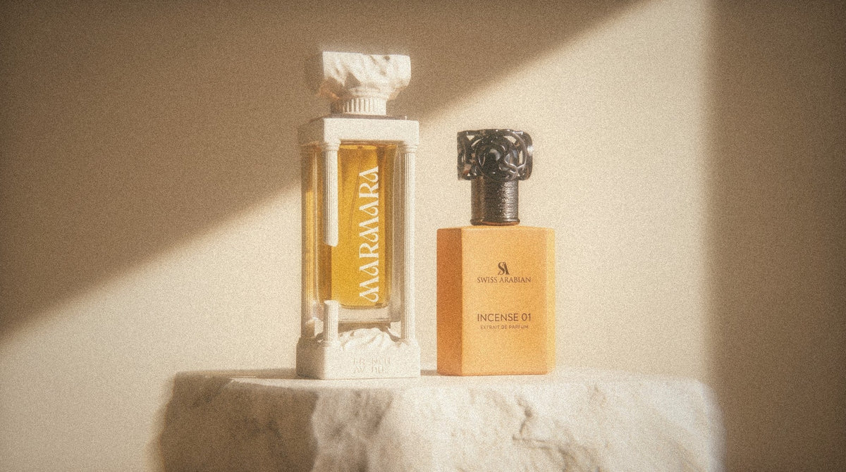 French Avenue Marmara and Swiss Arabian Incense 01 on a stone plinth