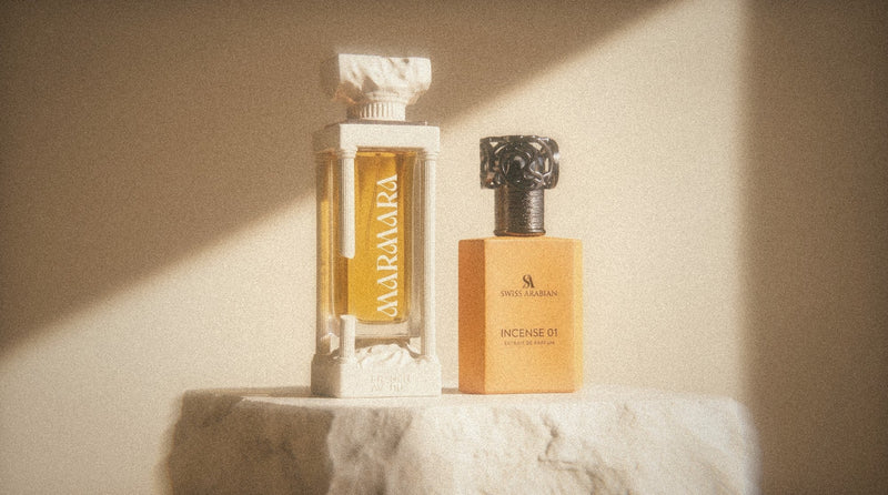 French Avenue Marmara and Swiss Arabian Incense 01 on a stone plinth