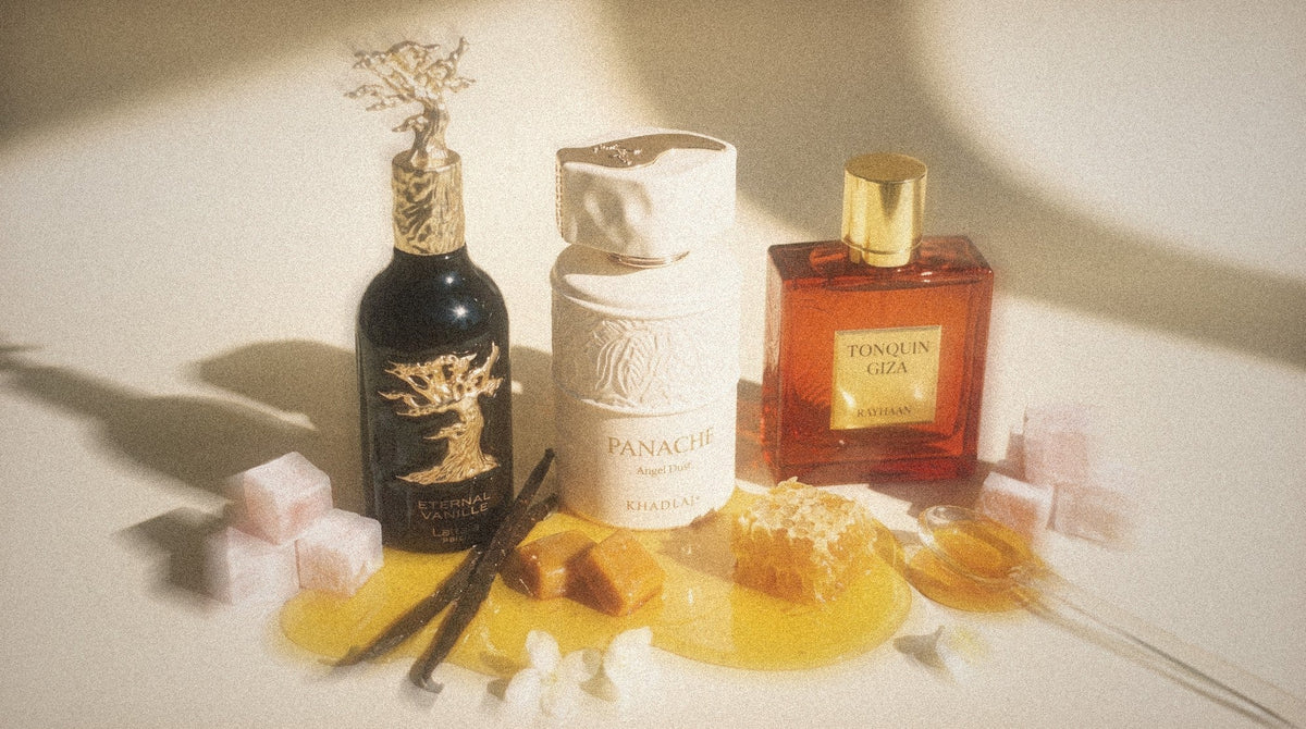 Lattafa Eternal Vanille, Khadlaj Panache Angel Dust and Rayhaan Tonquin Giza in a pool of honey with honeycomb and vanilla