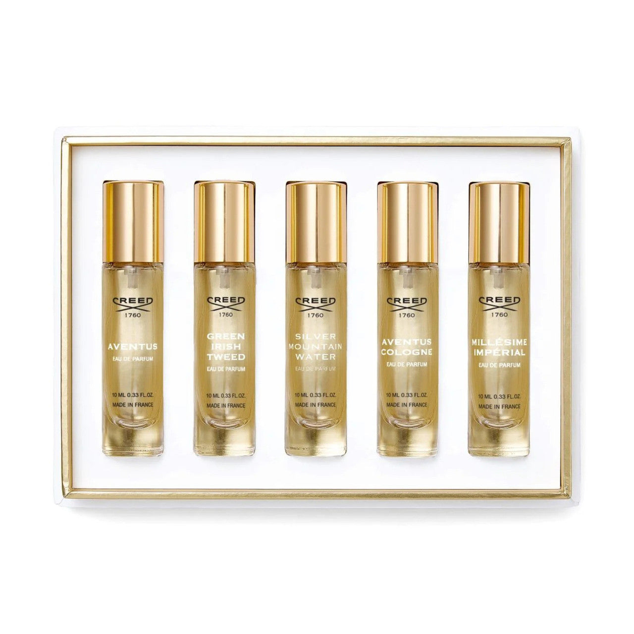 CREED 5 * 0.33 EAU DE PARFUM SPRAY SET FOR MEN: AVENTUS + AVENTUS COLOGNE + GREEN IRISH TWEED + SILVER MOUNTAIN WATER + MILLESIME IMPERIAL