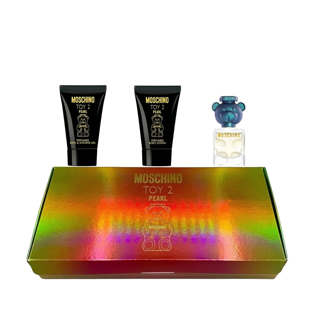 MOSCHINO TOY 2 PEARL 3 PCS SET FOR WOMEN: 5 ML EAU DE PARFUM MINI + 0.8 BATH & SHOWER GEL + 0.8 BODY LOTION
