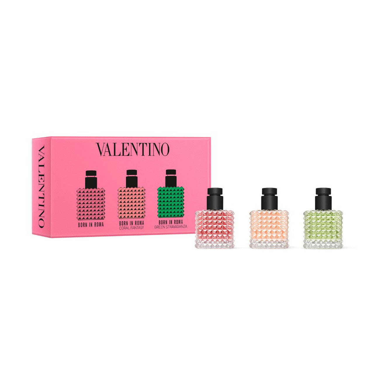 VALENTINO 3 PCS MINI SET FOR WOMEN: BORN IN ROMA 6 ML EAU DE PARFUM + BORN IN ROMA CORAL FANTASY 6 ML EAU DE PARFUM + BORN IN ROMA GREEN STRAVAGANZA 6 ML EAU DE PARFUM