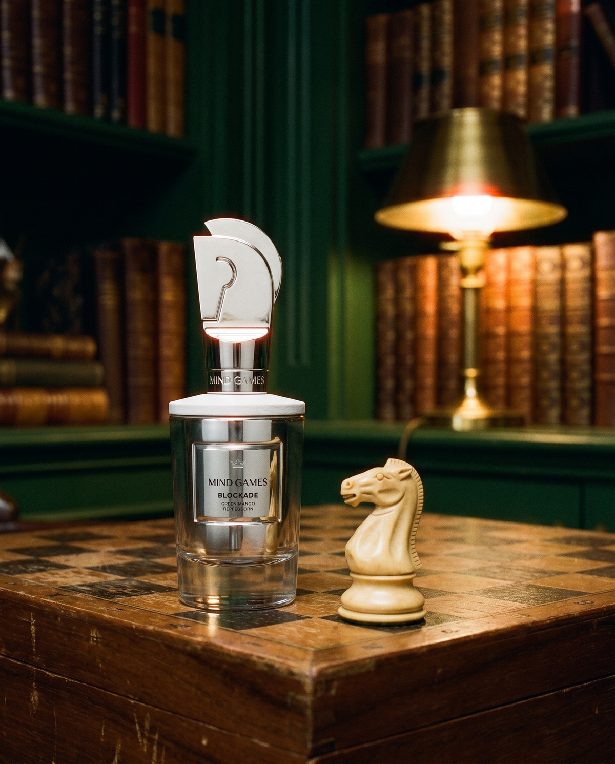 Mind Games Blockade on a chessboard in a lamp-lit library