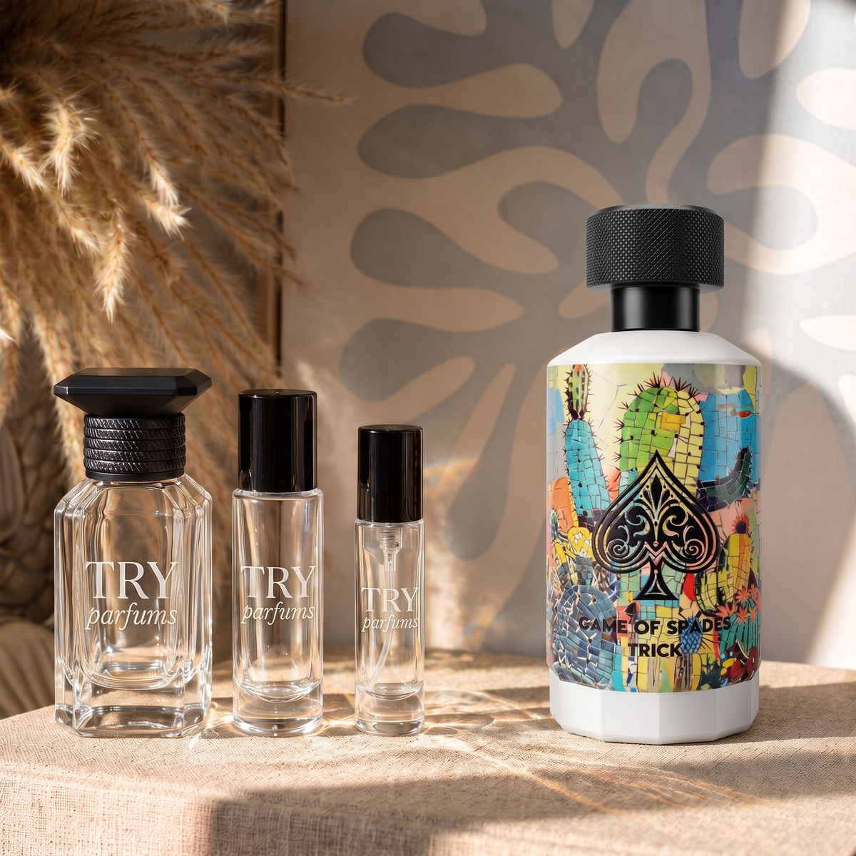 Jo Milano Game of Spades Trick decant in 30ml, 10ml and 5ml TryParfums bottles