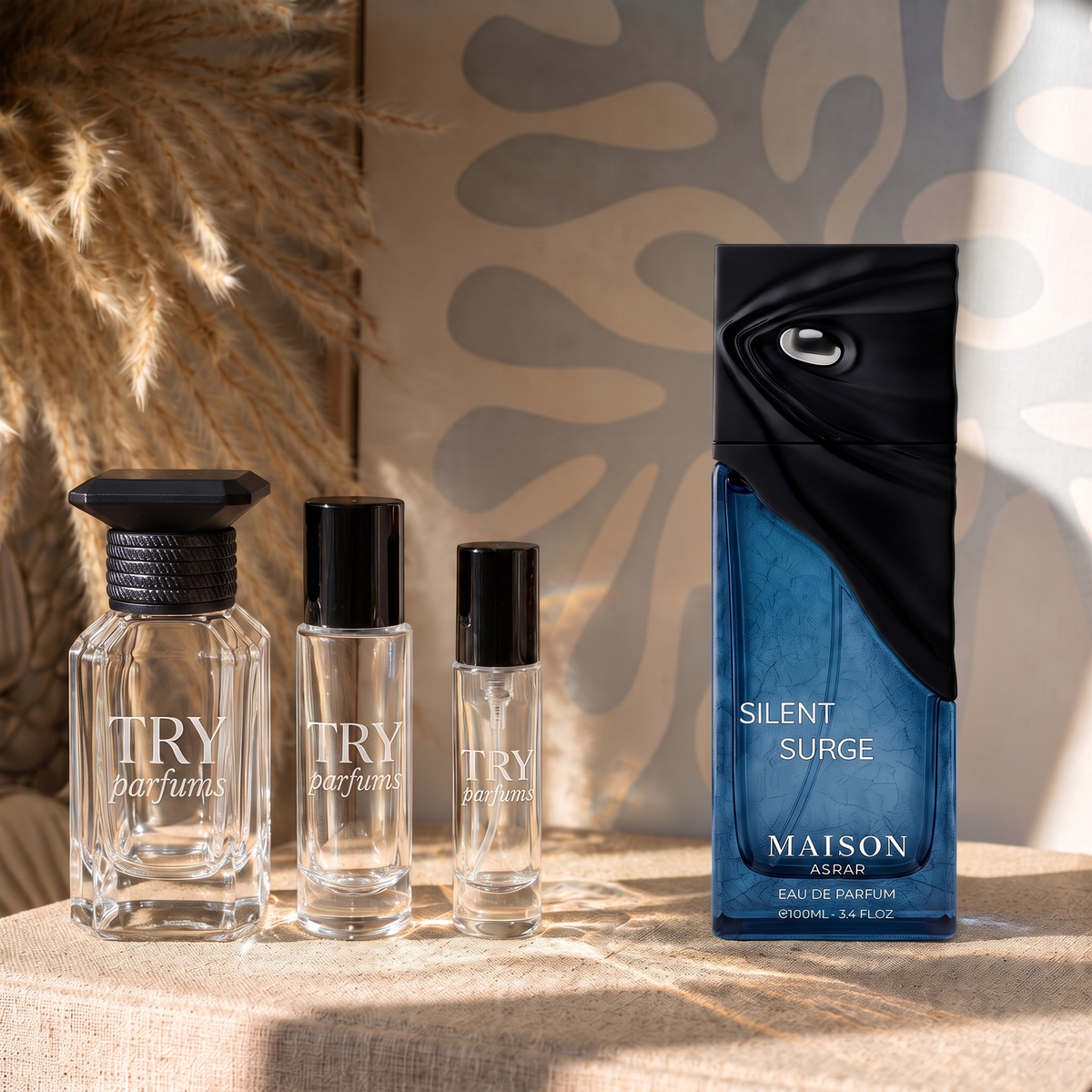 Maison Asrar Silent Surge decant in 30ml, 10ml and 5ml TryParfums bottles