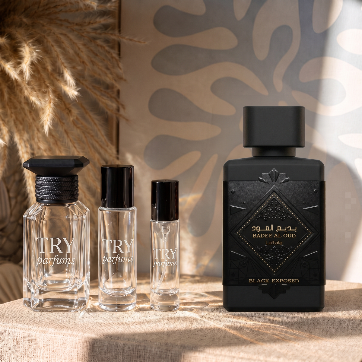 Lattafa Badee Al Oud Black Exposed decant in 30ml, 10ml and 5ml TryParfums bottles