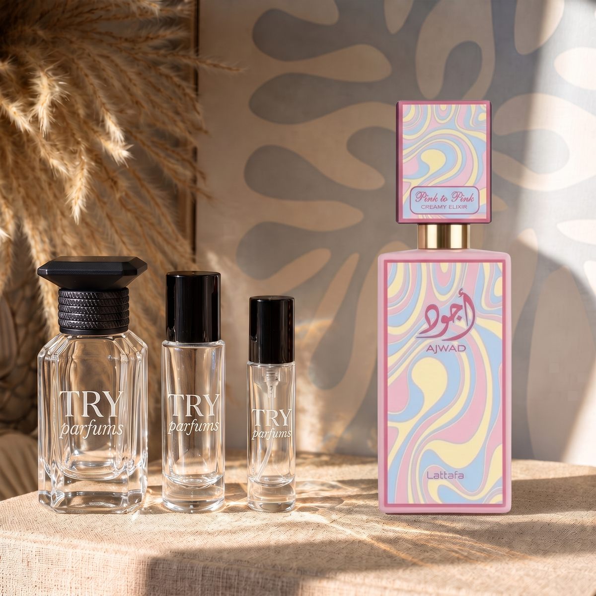 Lattafa Ajwad Pink to Pink Creamy Elixir decant in 30ml, 10ml and 5ml TryParfums bottles