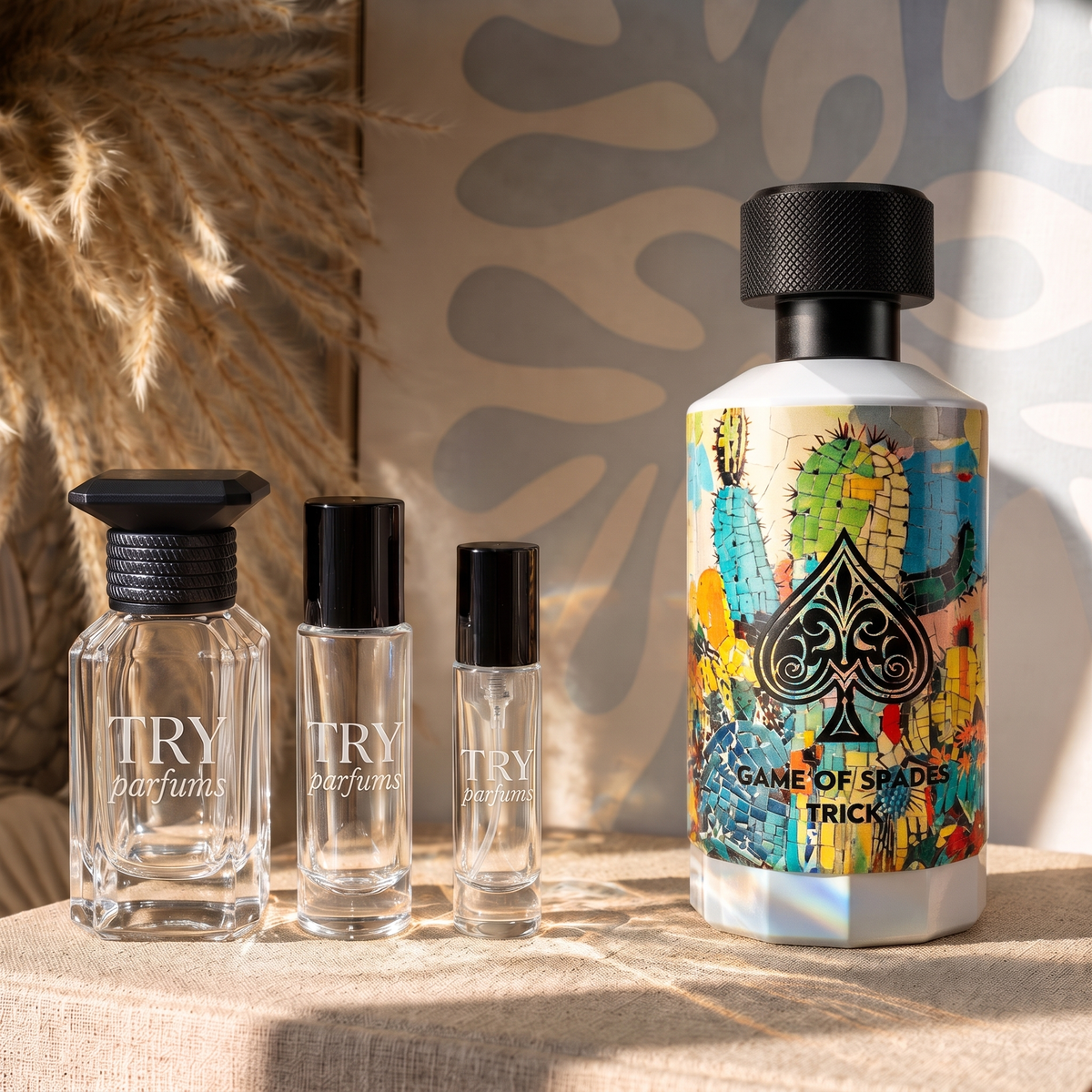 Jo Milano Game of Spades Trick decant in 30ml, 10ml and 5ml TryParfums bottles