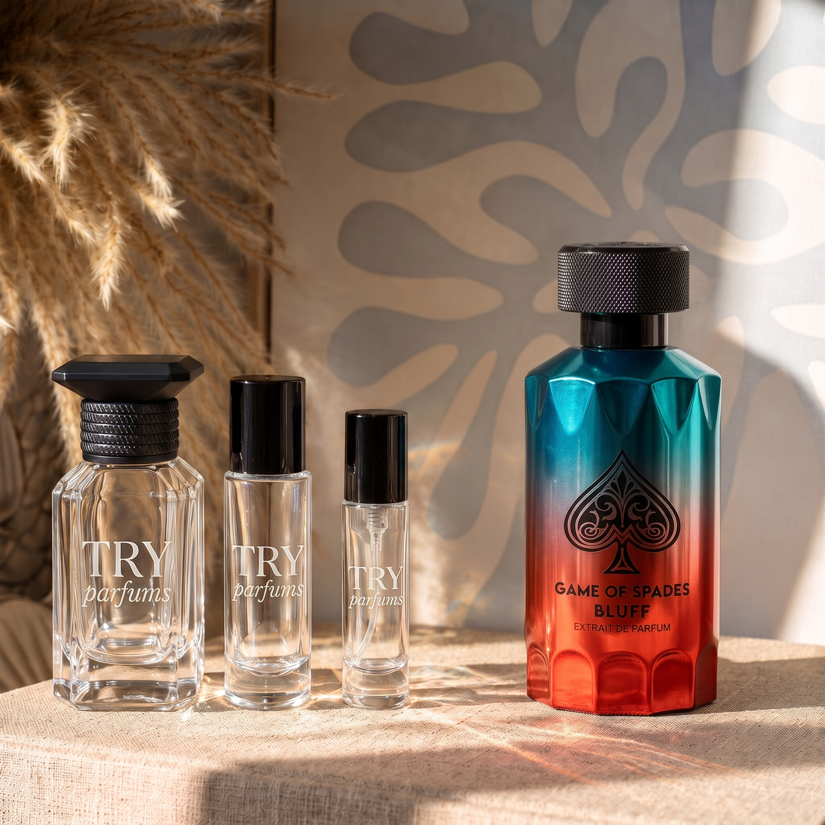 Jo Milano Game of Spades Bluff decant in 30ml, 10ml and 5ml TryParfums bottles