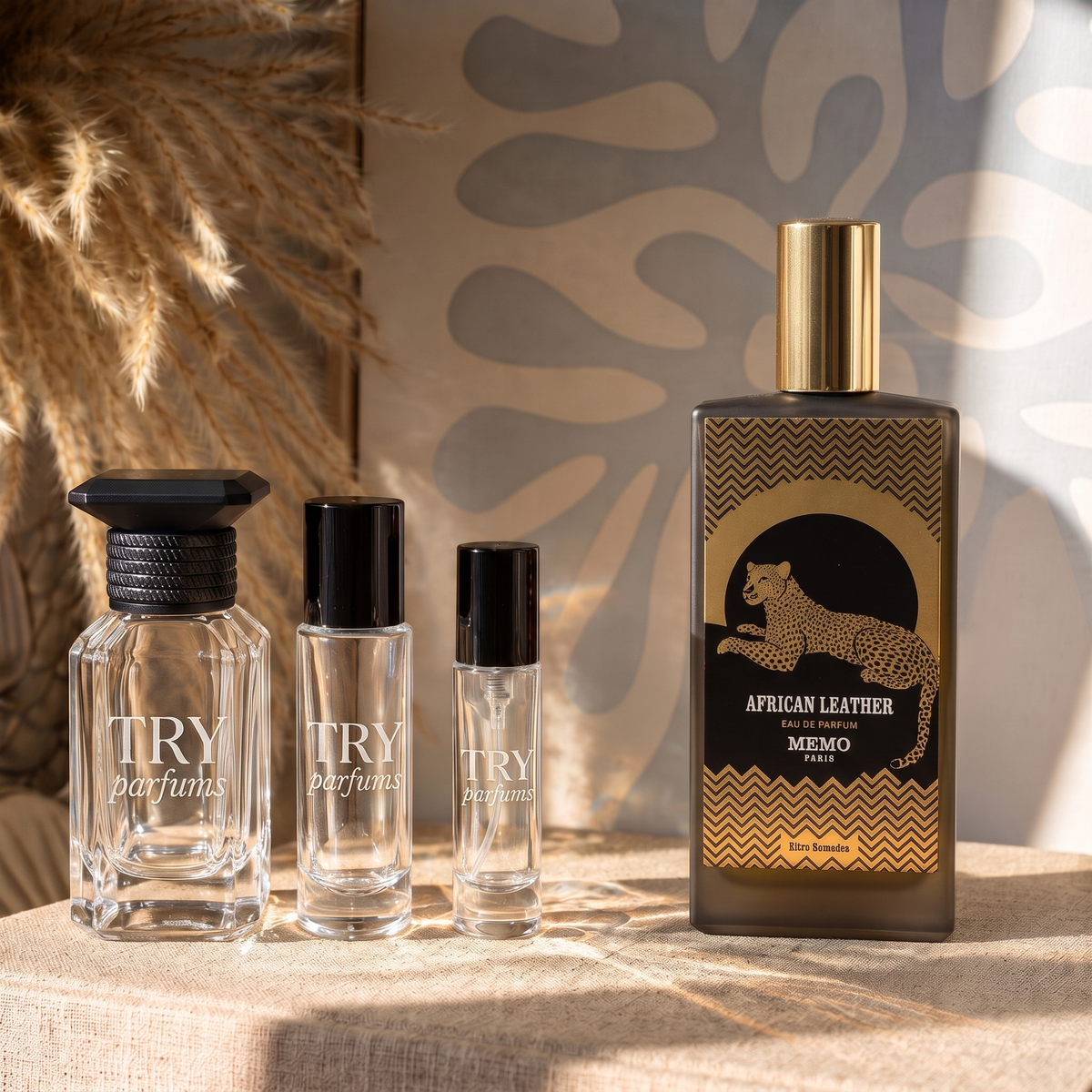 Memo Paris African Leather decant in 30ml, 10ml and 5ml TryParfums bottles