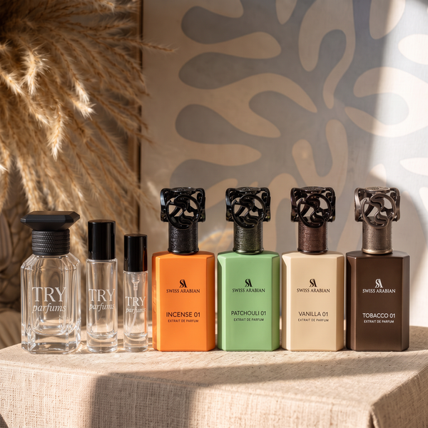 Swiss Arabian Incense 01, Patchouli 01, Vanilla 01 & Tobacco 01 Extrait Decant Sample Set